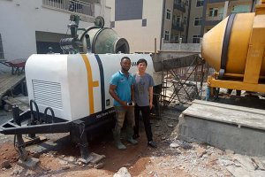 This client is a construction company. They want to produce the concrete at site and pump it to the building directly. 
We recommended him one unit of JZR500 diesel concrete mixer, one unit of DHBT40 diesel concrete pump. After mixed by the JZR500, t